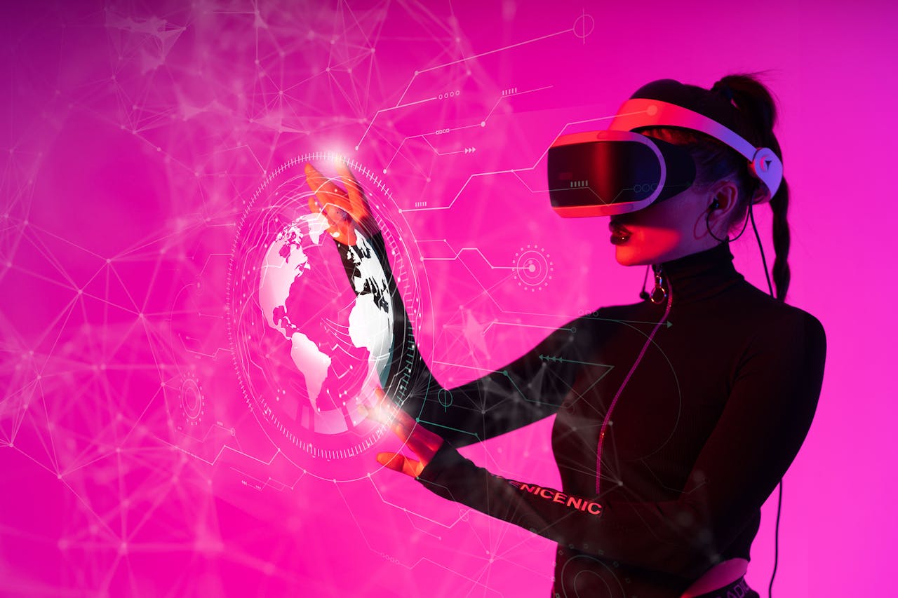 A woman interacts with a VR hologram in a futuristic studio setting.